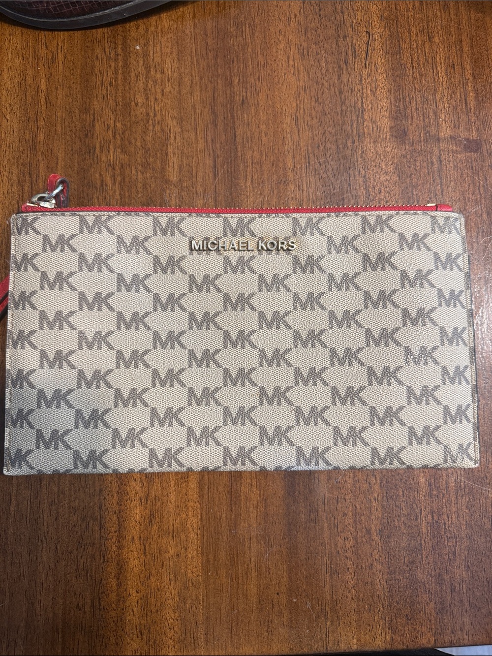 Michael Kors Beige Brown MK Monogram Zip Pouch with Red Trim